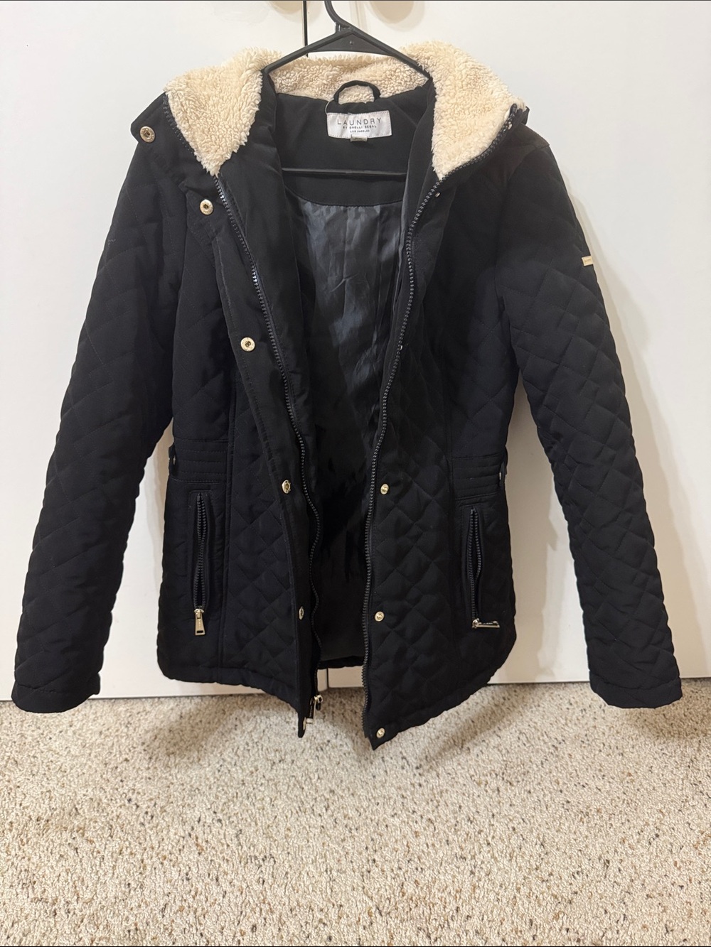 Laundry By Shelli Segal Black Quilted Puffer Jacket with Cream Sherpa Hood